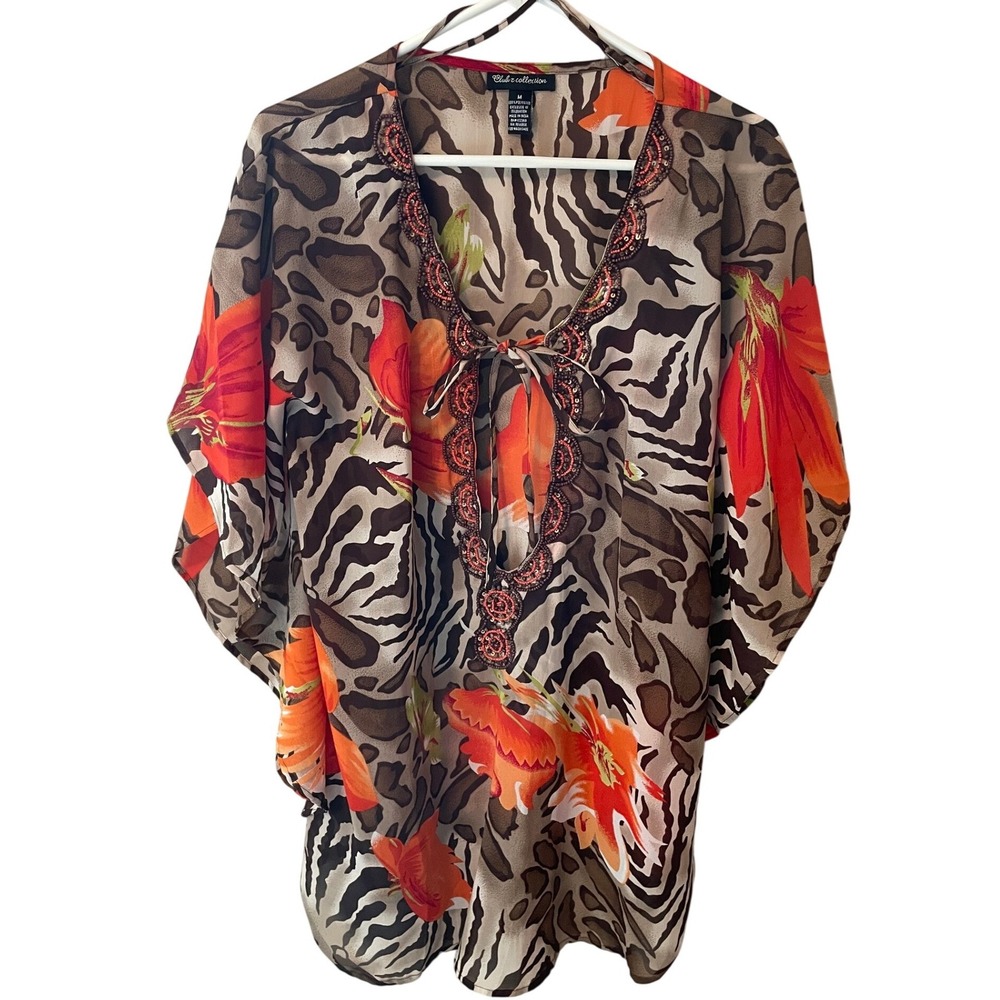 Club Z Collection Animal Print Floral Beaded Kaftan Top Medium Beachy Boho Flowy